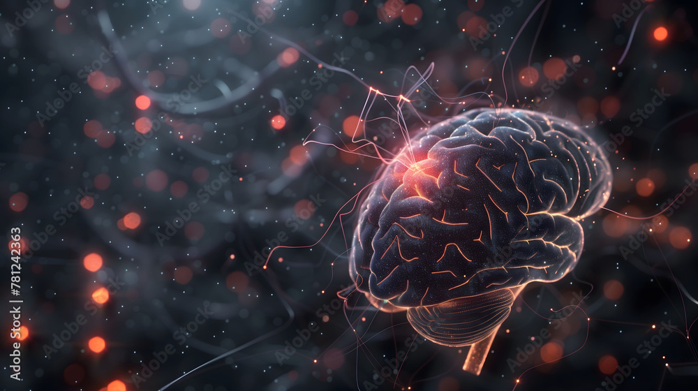 Human brain with the active phase of the cerebral cortex on a black background