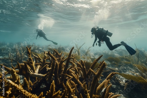 Underwater Conservation Efforts by Scuba Divers on Coral Reef