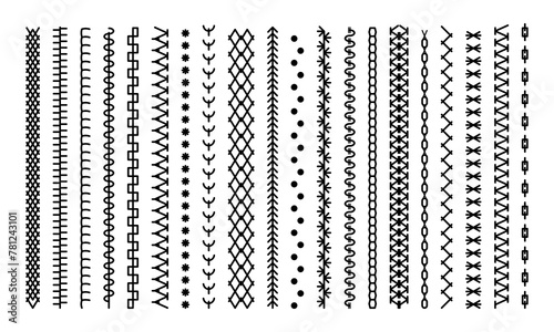 Different types of machine black stitch brush pattern for fasteners, dresses garments, bags, clothing and accessories. Set of sewing machines for embroidery. Embroidery cloth edge texture. Vector