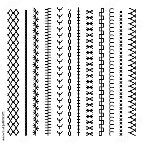 Different types of machine black stitch brush pattern for fasteners, dresses garments, bags, clothing and accessories. Set of sewing machines for embroidery. Embroidery cloth edge texture. Vector photo