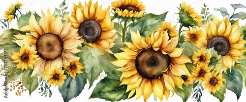 A painting of a bouquet of sunflowers with a white background. The sunflowers are in various sizes and are arranged in a way that creates a sense of depth and movement