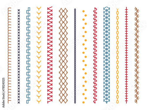 Different types of machine black stitch brush pattern for fasteners, dresses garments, bags, clothing and accessories. Set of sewing machines for embroidery. Embroidery cloth edge texture. Vector