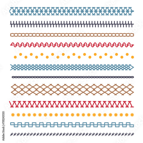 Different types of machine black stitch brush pattern for fasteners, dresses garments, bags, clothing and accessories. Set of sewing machines for embroidery. Embroidery cloth edge texture. Vector