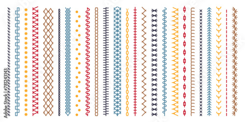 Different types of machine black stitch brush pattern for fasteners, dresses garments, bags, clothing and accessories. Set of sewing machines for embroidery. Embroidery cloth edge texture. Vector