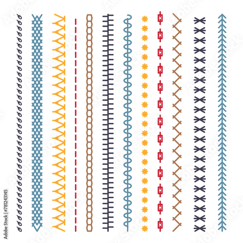 Different types of machine black stitch brush pattern for fasteners, dresses garments, bags, clothing and accessories. Set of sewing machines for embroidery. Embroidery cloth edge texture. Vector