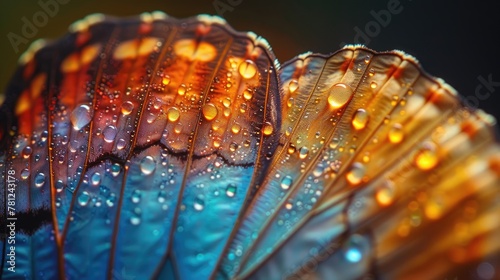 Macro shot of a monarch butterfly's vibrant orange and black wing, detailed with tiny glistening dew drops. Generative AI