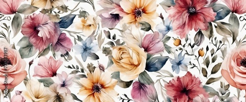 A colorful floral pattern with a white background. The flowers are in various shades of pink, yellow, and blue. Scene is cheerful and vibrant photo