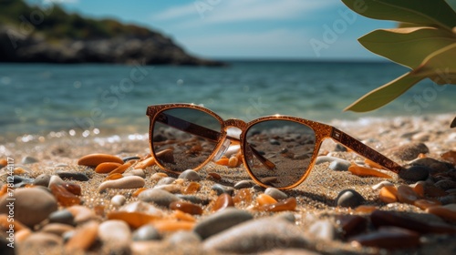 Beach getaway vibes with sunglasses by the shore, travel concept for summer vacation