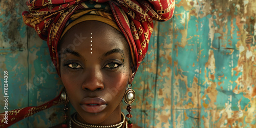 the face of an ethnic African woman in a traditional outfit, on a shabby wooden background for Africa day, copy space