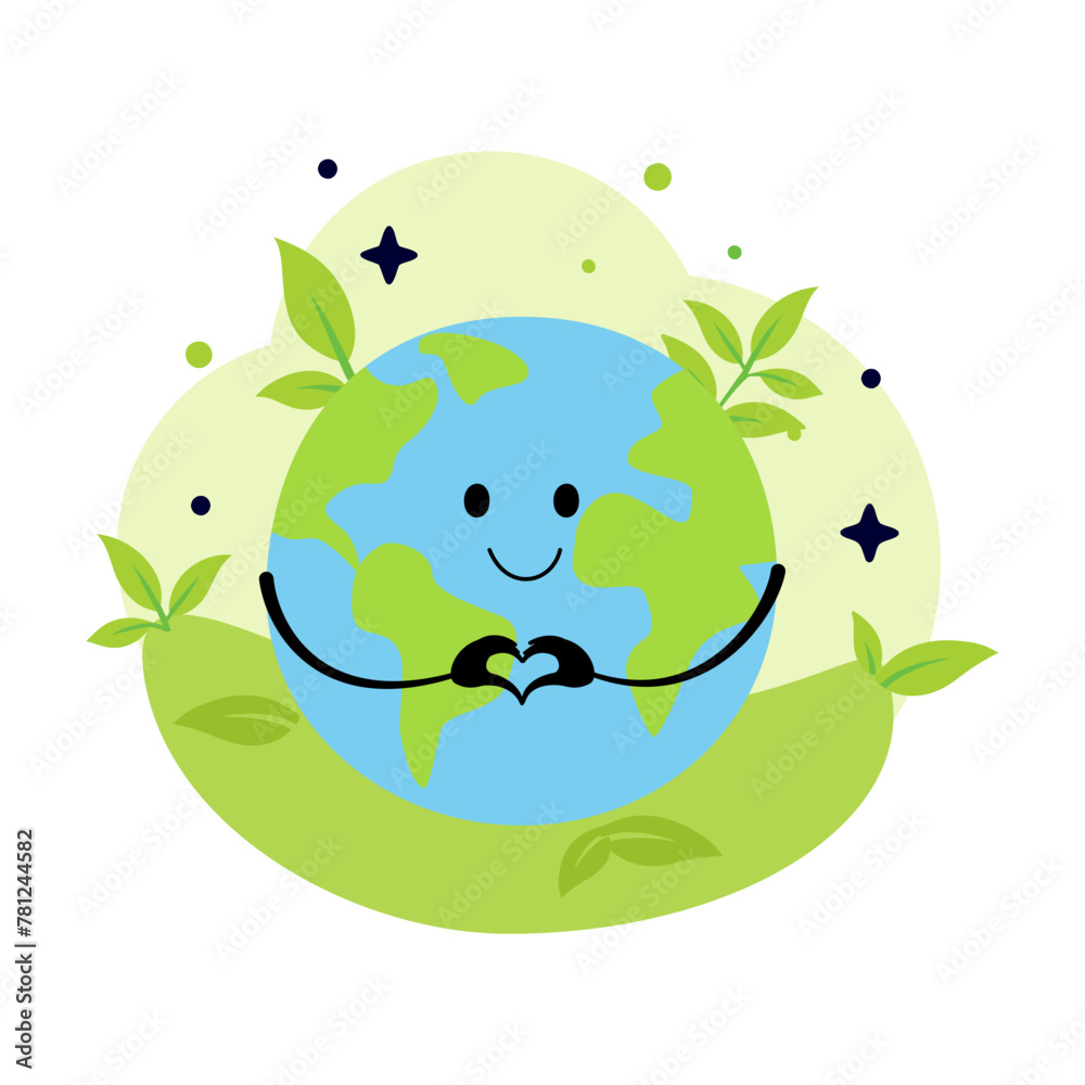Cute smiling earth planet with heart isolated on white background. Earth day, world environment day concept design. Vector cartoon character illustration.