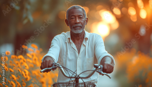 Black american african old man driving a bicycle in summer day in the forest field in sunset rays. Concept of healthy life and joy. World Bicycle Day photo