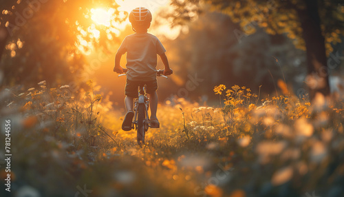 Boy driving a bicycle in summer in sunset rays in the forest field. Concept of child carelessness and joy. World Bicycle Day. Back view photo