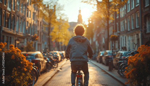 Boy driving a bicycle in summer day in the town street. Concept of child carelessness and joy. World Bicycle Day. Back view photo