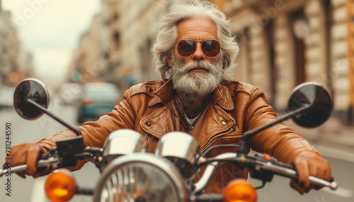 World Motorcycle Day. Eldery man in sunglasses with beard driving transport against a background of city street.