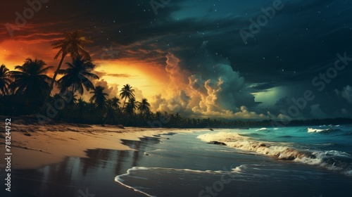 Vintage fantasy tropical beach under starlit skies with full moon in retro style © Aliaksandra