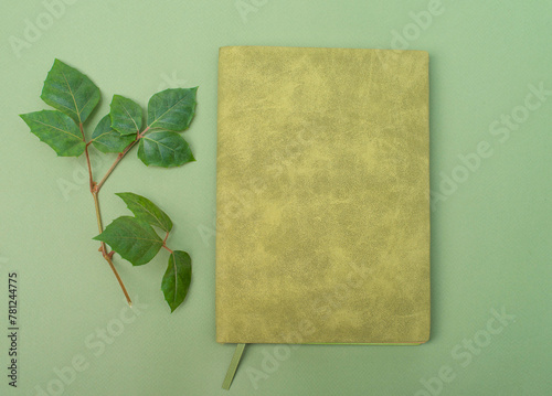Book cover or notebook mock up with leaves on green background.