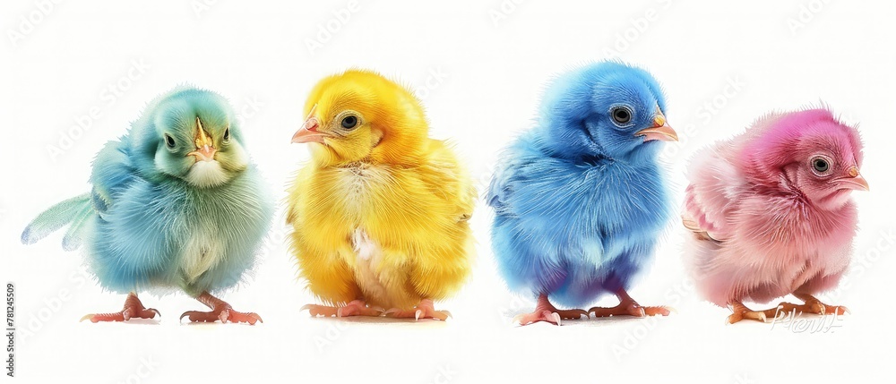 Dyed Chicks, colored young animals on white background