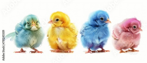 Dyed Chicks, colored young animals on white background