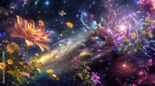 A breathtaking view of a cosmic garden  with vibrant flowers blooming amidst swirling galaxies and radiant star clusters  creating an ethereal oasis in the depths of space.
