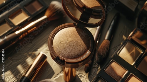 Elegant close-up of a powder brush against a backdrop of scattered beauty products, capturing the art of makeup application