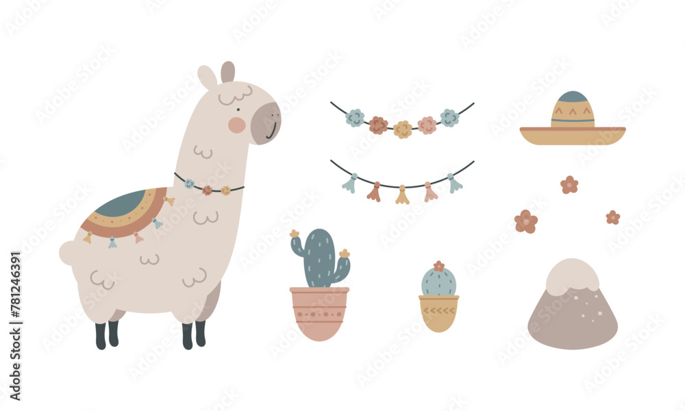 Fototapeta premium Set with cute lama. Lama, garland, cactus, sombrero, flower, mountain. For for kids design, fabric, wrapping, cards, textile, wallpaper, apparel. Isolated vector on white background.