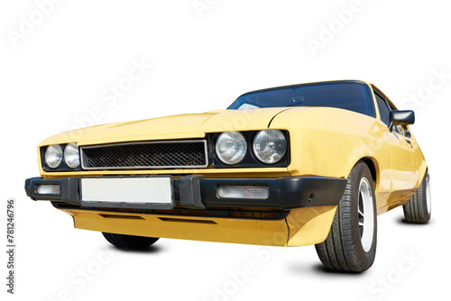 Vintage retro old yellow car isolated white