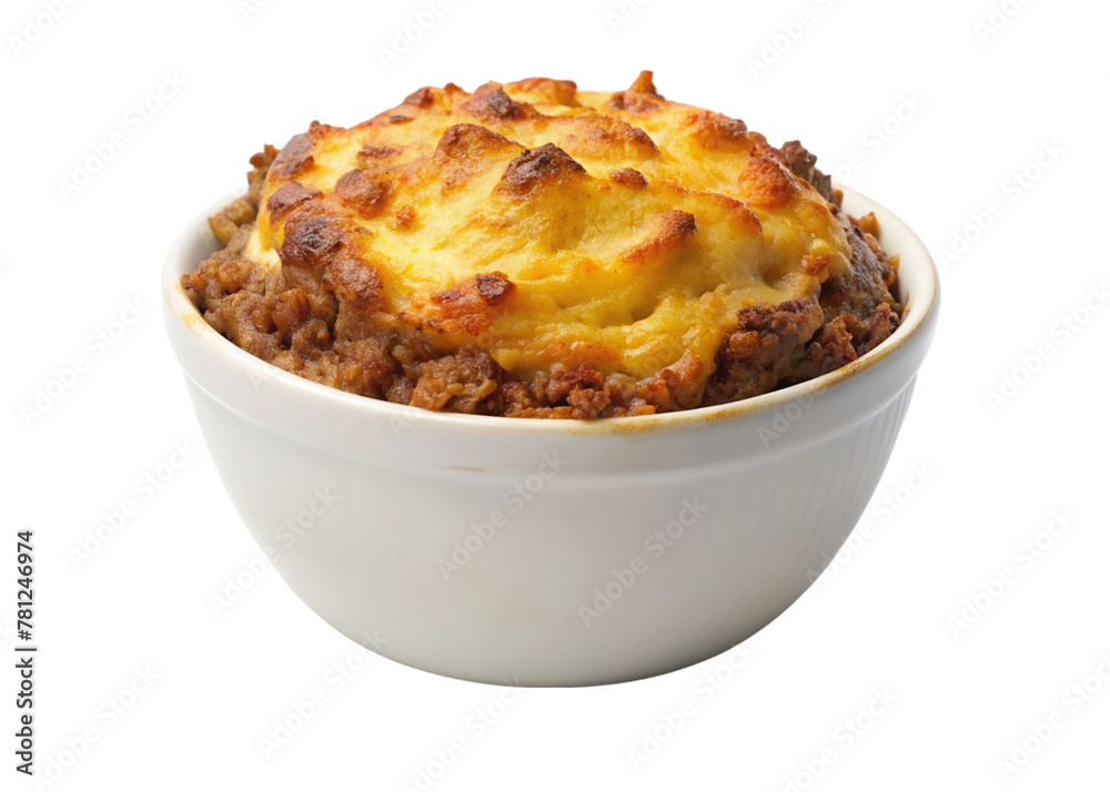 Golden lasagna on white bowl isolated on transparent background Golden lasagna on white bowl isolated on transparent background