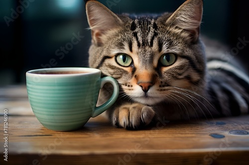 a cat that is leaning over with a cup of coffee