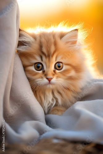 the small kitten has very large eyes on the blanket while sitting under the covers