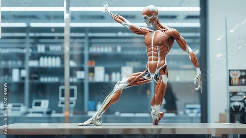 3D anatomical model of human musculature poised in a stretching position inside a clinical laboratory environment.