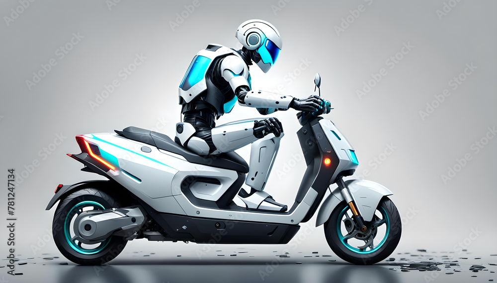 lustiger humanoider Roboter in weiß sitzt auf einem modernen Motor Roller und fährt selbständig, moderne Technik und Entwicklung vor einem Hintergrund in weißer Farbe Cyborg Robotik lustiger humanoider Roboter in weiß sitzt auf einem modernen Motor Roller und fährt selbständig, moderne Technik und Entwicklung vor einem Hintergrund in weißer Farbe Cyborg Robotik
