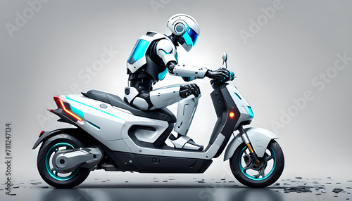 lustiger humanoider Roboter in weiß sitzt auf einem modernen Motor Roller und fährt selbständig, moderne Technik und Entwicklung vor einem Hintergrund in weißer Farbe Cyborg Robotik
