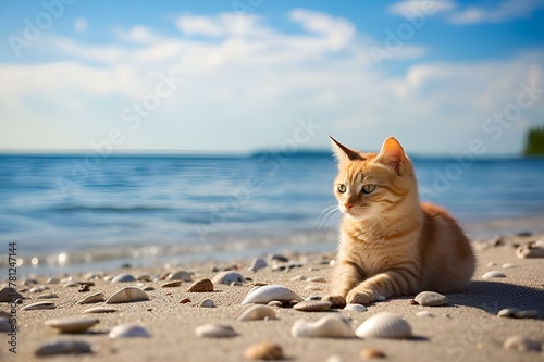 a cat is sitting on a sandy beach and looking up