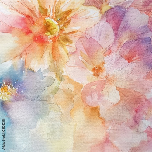 Handdrawn watercolor showcasing a random flowers beauty in closeup, with a palette of soft pastels