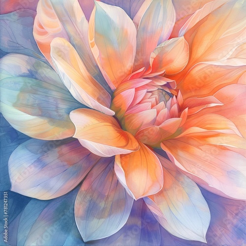 Closeup of a random flower, handpainted in serene pastel watercolors, focusing on smooth color gradients