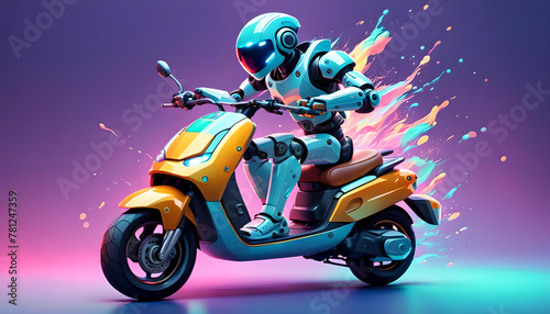 lustiger humanoider Roboter in hell blau sitzt auf einem modernen Motor Roller Vespa und fährt selbständig, moderne Technik und Entwicklung vor einem Hintergrund in lila mit bunter Farbe 