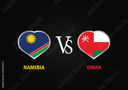 Namibia VS Oman, Cricket Match concept with creative illustration of participant countries flag Batsman and Hearts isolated on black background. NAMIBIA VS OMAN