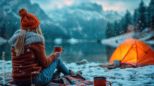 woman drinks a hot drink near an orange tent.