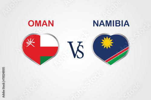 Oman VS Namibia, Cricket Match concept with creative illustration of participant countries flag Batsman and Hearts isolated on white background. OMAN VS NAMIBIA