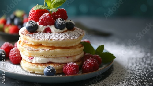 Fluffy pancakes with blueberries and raspberries