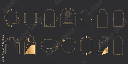 Golden thin line arch frame door stairs, sun and stars, mystic portal, astrology border, decoration, set minimal tatoo on dark background.