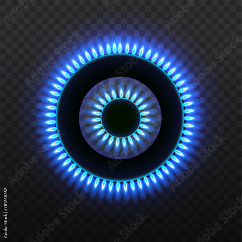 Gas burners, blue flame, top view isolated on a transparent background. Stove with burning gas. Vector illustration