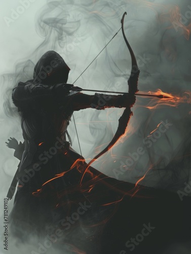 Mystical archer in shadowy guise aiming a flaming arrow, creating a bold contrast against the chaotic backdrop