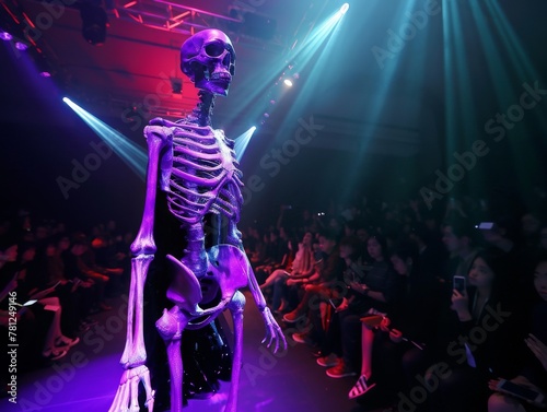 A skeleton at a fashion show on a runway with bold, contrasting lighting