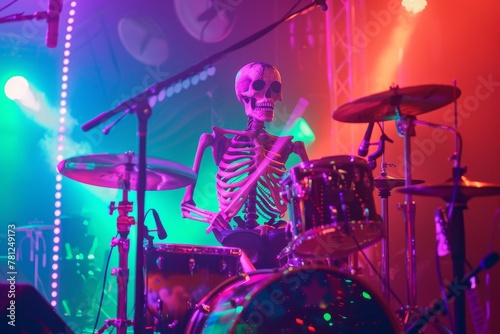 A skeleton playing the drums in a band with a bright, neon stage setup