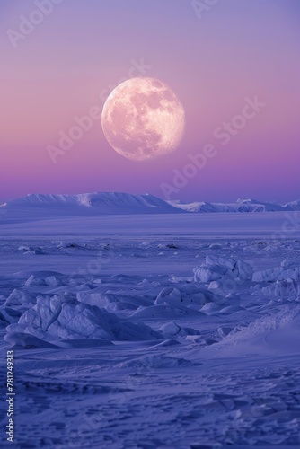 The moona  s glow on an ice field  polar twilight blending seamlessly into a clear night