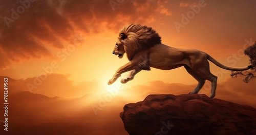 Lion in a coat on Africa Day in nature against the backdrop of the rising sun. AI generated.