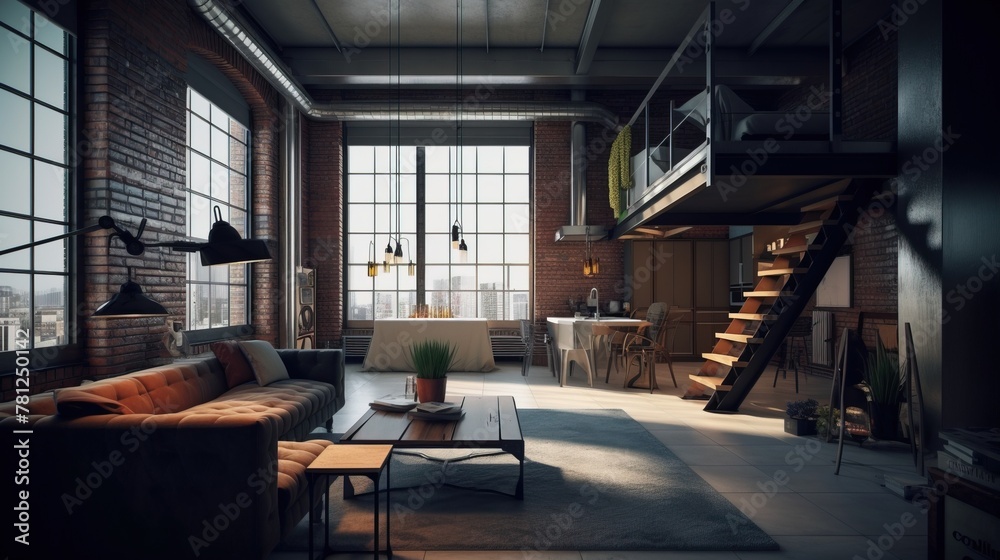 Design of a cozy living room interior in a modern loft style. AI generated.