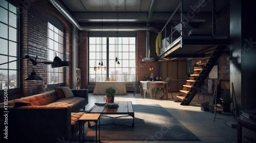 Design of a cozy living room interior in a modern loft style. AI generated.