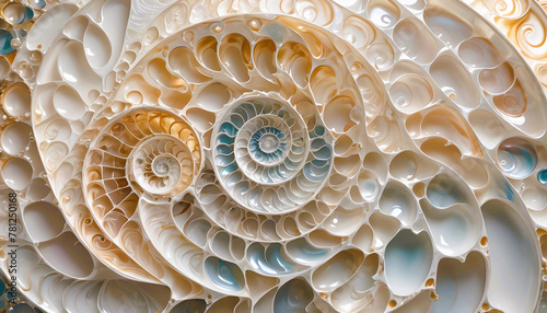 maritim abstrakte Vorlage Hintergrund, geschwungen dynamisch natürlich in Perlmutt glänzend, Spirale wie fossile Ammonite Nautilus Muschel Schnecke, bewegt kurvig wellig schneckenförmig Meer